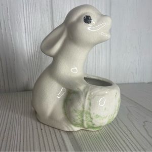Vintage Bunny Rabbit Planter Green Cabbage White Pottery Ceramic